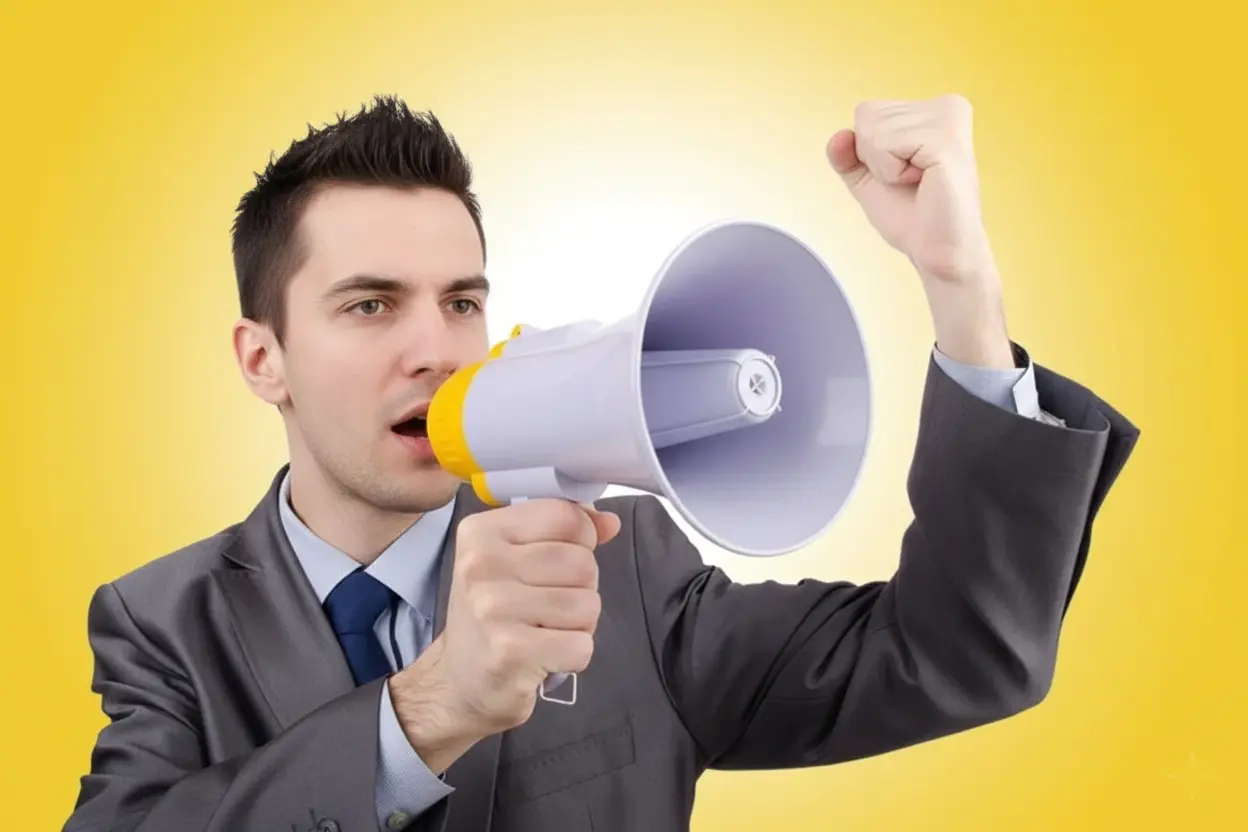 Homme parlant dans un mégaphone pour illustrer l’expression orale en anglais professionnel (TOEIC Speaking).